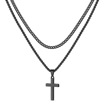 Golden/silvery/black, stainless steel melon seed buckle cross double-layer chain, style A-S pendant