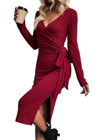 Wine red, women's knitted dress, V-neck, slit, waist belt, knee length