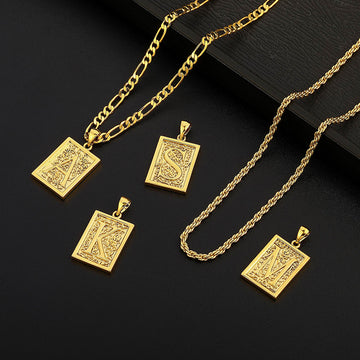 Golden, three to one rope double layered chain, rectangular capital gold letter tag pendant necklace