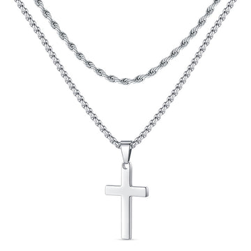Silvery/Black/Golden, woven rope style chain, stainless steel melon seed buckle cross double-layer chain, style A2- rope and box hole