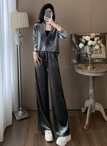 Dark gray, women's velvet casual jumpsuit, long sleeved top, loose pants