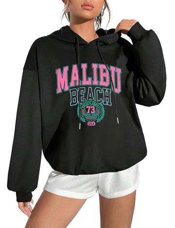 Black, women's top, hoodie sweatshirt, with 73 number symbol on the chest, pink large letter pattern