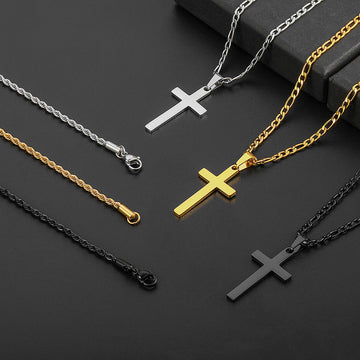 golden, Figaro style chain, stainless steel melon seed buckle cross double layered chain, style B-rope and Figaro buckle