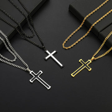 Black/Golden/Silvery, Cuban Chain with Rope Double Layer Chain, Hollow Cross Hanging Tag Necklace