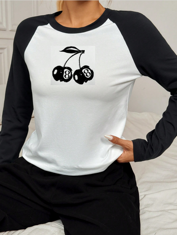 Women's long sleeved T-shirt, white body, black sleeves, black cherry pattern on chest
