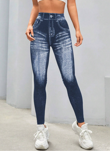 Women's tight pants, blue jeans style, blue wash white pattern