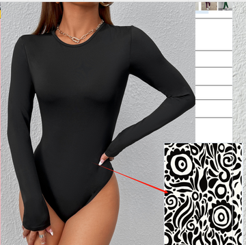 Color, women's one-piece tight fitting top, black and white printed pattern