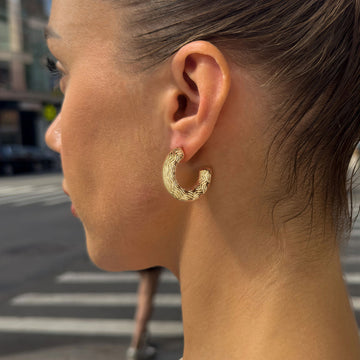 Golden-colored C-shaped earrings with various patterns