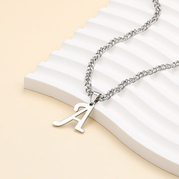 Silvery Initial A-Z Letter Necklace Stainless Steel Cuban Chain Initial Necklace for Men Women Jewelry Gifts