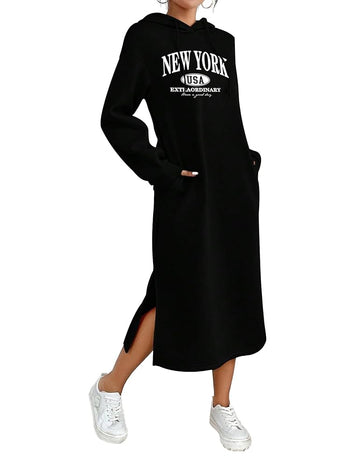 Black, women's casual hoodie, hoodie dress, with white letters USA, NEW YORK printed on the chest