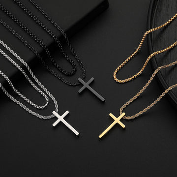 Black/Golden/Silvery, Short Pearl Chain, Extended Rope Chain, Double Layer Chain, Cross Tag Necklace, Style A3 Box and Filled with Rope
