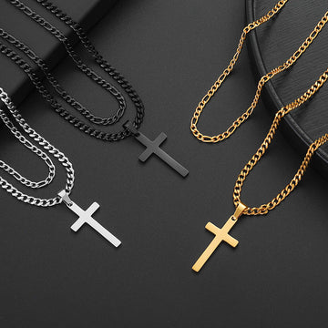 Golden/Black/Silvery, Short 3 to 1 Chain, Extended Cuban Chain Style Double Layer Chain, Matte Cross Necklace, Style C2- Figaro and Cuban Music