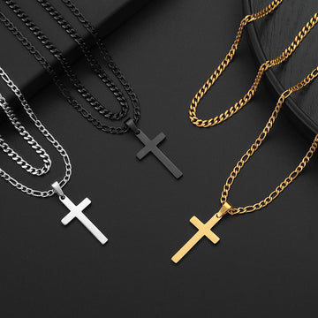 Golden/Black/Silvery, Short Cuban Chain with Extended Figaro Double Layer Chain, Smooth Cross Necklace, Style C1- Cuban and Figaro Buckle