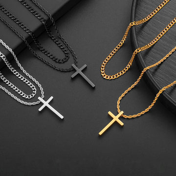 Golden/Black/Silvery, Cross Necklace Stainless Steel Cuban Chain Chain Rope Chain Layered Cross Pendant Necklace, Stainless Steel Guazi Buckle Cross Double Layer Chain, Style A Cuban&Rope Buckle