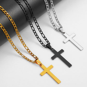 Black/golden/silvery, three to one single-layer chain, smooth cross pendant necklace