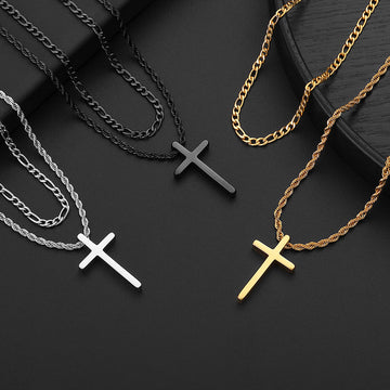 Golden/Black/Silvery, Short 3 to 1 Chain Extended Rope Style Double layer Chain, Matte Cross Necklace, Style D-Figaro&Rope Perforation