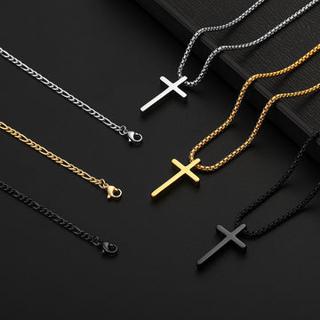 Black/Golden/Silvery, Short 3 to 1 Chain, Extended Box Chain, Double Layer Chain, Cross Tag Necklace, Style E1 Figaro&Box Buckle
