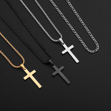 Black/Golden/Silvery, Short Gallo Chain, Extended Box Chain, Double Layer Chain, Cross Tag Necklace, Style E2- Figaro and Box Hole