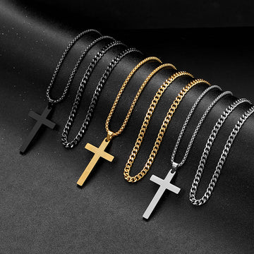 Golden/Black/Silvery, Short Cuban Chain, Extended Pearl Chain, Double Layer Chain, Cross Pendant Necklace, Style B - Medium Pendant
