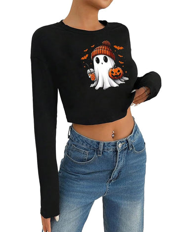Black women's long sleeved shirt, loose open belly button outfit, Halloween white ghost cartoon pattern on the chest