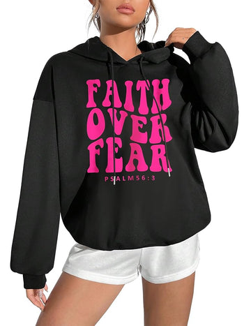 Black, women's top, hoodie sweatshirt, chest rose red FAITH OVER FEAR large letter pattern