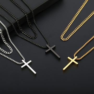 Black/Golden/Silvery, Cuban Chain and Box Chain Double layer Chain, Smooth Cross Hanging Tag Necklace, Style A2- Cuban and Box Hole