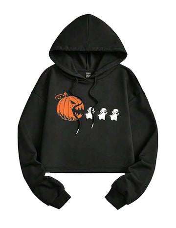 Black, women's top, short hoodie sweatshirt with 1 pumpkin and 3 white ghost Halloween cartoon patterns printed on the chest