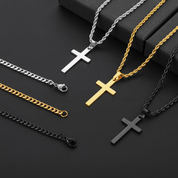 Black/Golden/Silvery, Short Cuban Chain, Extended Rope Chain, Double Layer Chain, Cross Tag Necklace, Style B - Cuban and Rope Hole