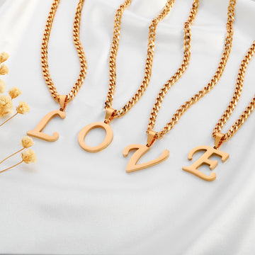 Golden, Cuban chain single-layer chain necklace, irregular capital letter tag, letter necklace