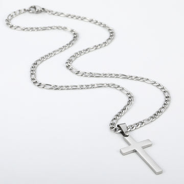 Silvery, stainless steel men's Figaro cross necklace, 2.5mm three to one cross pendant necklace, 16-24 inches