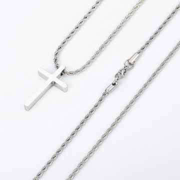 Silvery, stainless steel men's button rope chain cross necklace, 2.5mm, cross pendant necklace, 16-24 inches