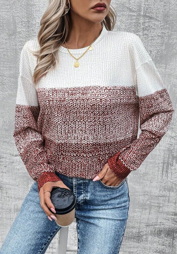 Color, women's knitted T-shirt, top half white, bottom half red and white interwoven