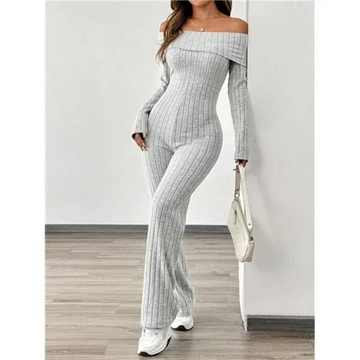 Grey, women's knitted jumpsuit, vertical stripes, lapel
