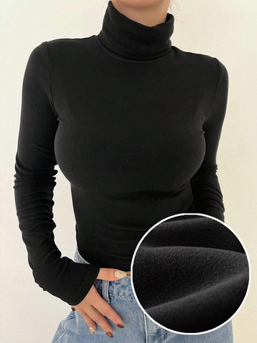Black Women's Fleece-Backed Base Layer, High-Neck Fitted Top