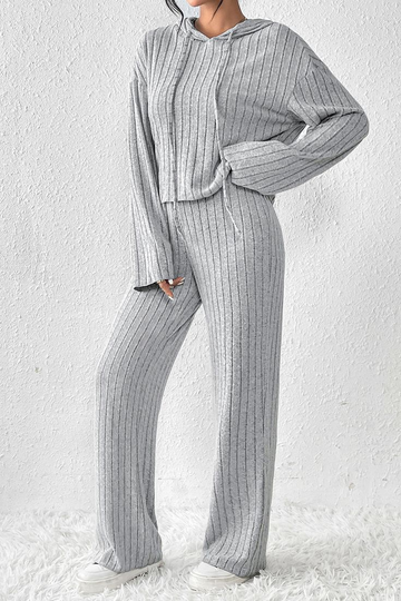 Grey, women's loose knit suit, vertical hooded sweatshirt, long sleeved pants