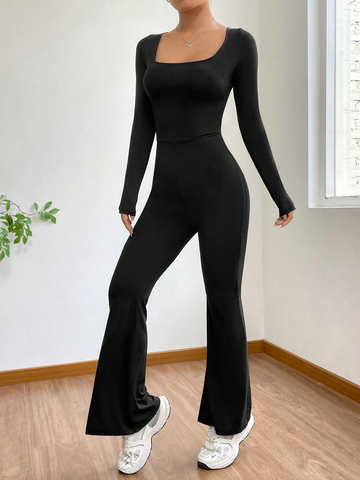 Black, women's jumpsuit, long sleeved U-shaped collar, flared pants legs
