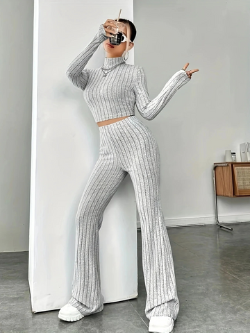 Grey, women's knitted suit, round half high neck, long sleeves, long pants
