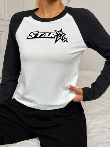 Women's long sleeved T-shirt with white body and black sleeves, featuring STAR and two star patterns on the chest