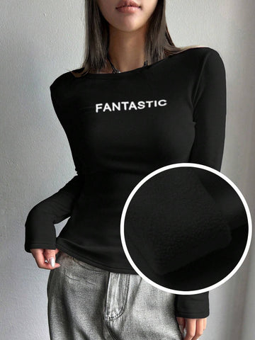 Black, women's velvet base shirt, long sleeved round neck tight fitting shirt, with FANTASTICH white letters printed on the chest