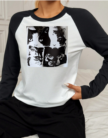 Women's long sleeved T-shirt, white body with black sleeves, 4 sets of cat pattern puzzle on the chest