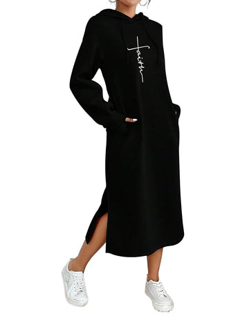 Black, women's casual hoodie, hoodie dress, with a white letter pattern resembling a cross printed on the chest