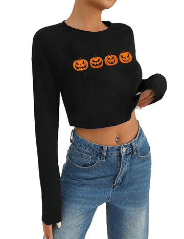 Black women's long sleeved shirt, loose open belly button outfit, 4 Halloween pumpkin cartoon patterns with different expressions on the chest