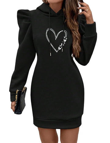 Black, women's hooded long sleeved dress with bubble sleeve design, dress length above knee, white heart pattern printed on chest