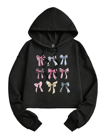 Black, women's top, short hoodie sweatshirt, 9 different colored ribbon bow patterns on the chest