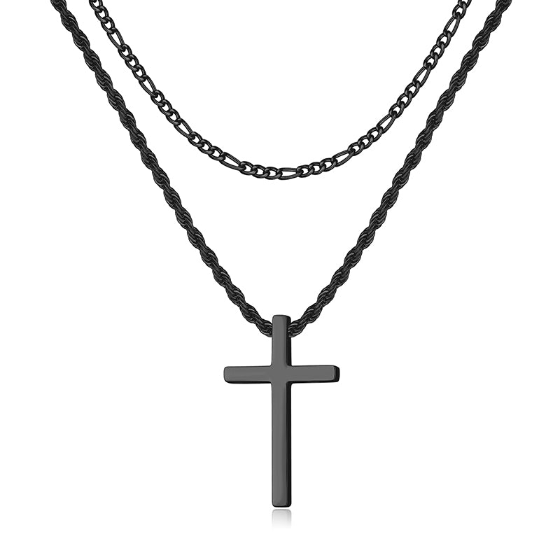 Golden/Black/Silvery, Short 3 to 1 Chain Extended Rope Style Double layer Chain, Matte Cross Necklace, Style D-Figaro&Rope Perforation
