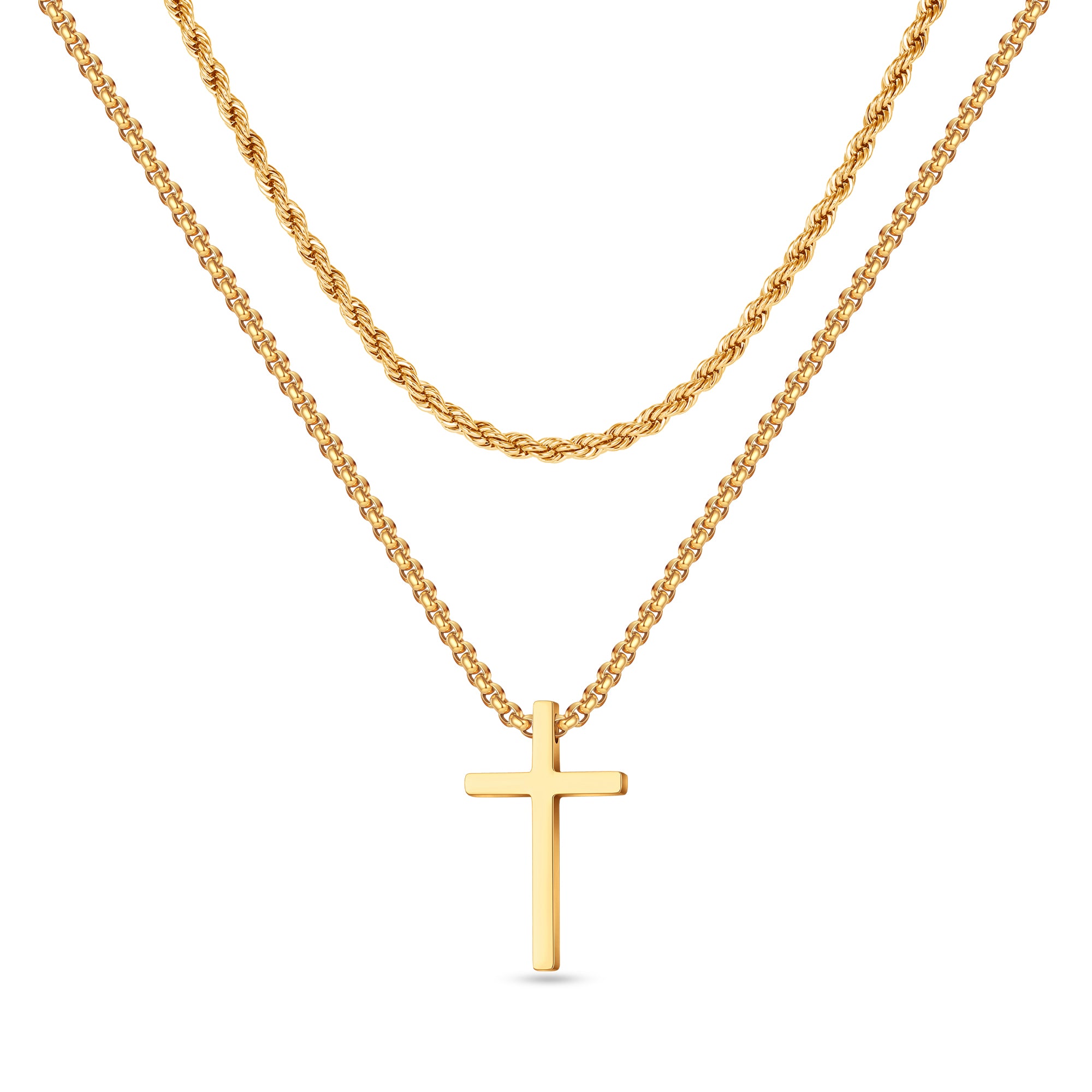 Black/Gloden/Silvery, stainless steel men's cross necklace, layered rope chain box chain cross pendant necklace, 16-24 inches