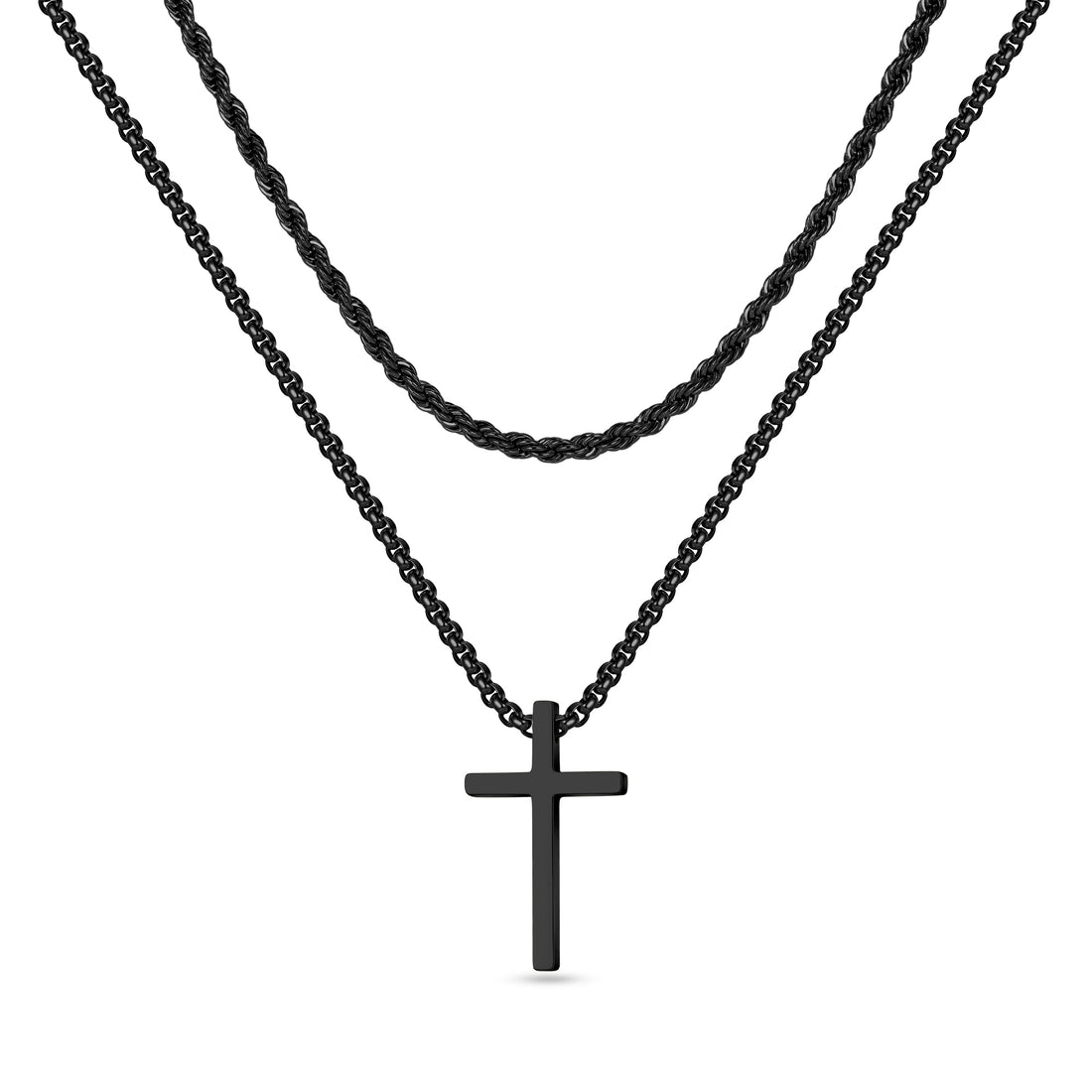 Black/Gloden/Silvery, stainless steel men's cross necklace, layered rope chain box chain cross pendant necklace, 16-24 inches