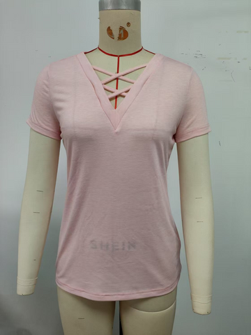 Pink, cross V-neck, short sleeved top