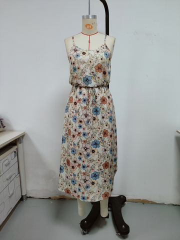 Set, camisole set skirt, thin shoulder strap, printed, skirt length over knee, slit