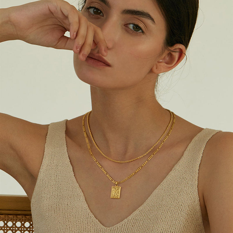 Golden, three to one rope double layered chain, rectangular capital gold letter tag pendant necklace
